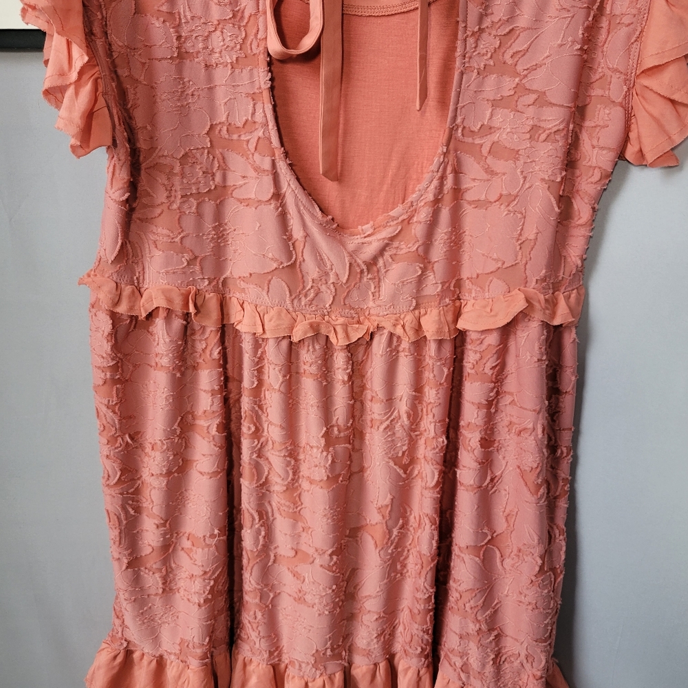 New Anthropologie Textured Ruffle Knit Mini Dress Pink Rose XSP Petite - Picture 6 of 12